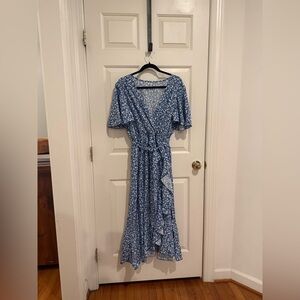 V Neck Floral High Low Ruffle Hem Dress Size XL Blue Wrap floral belt